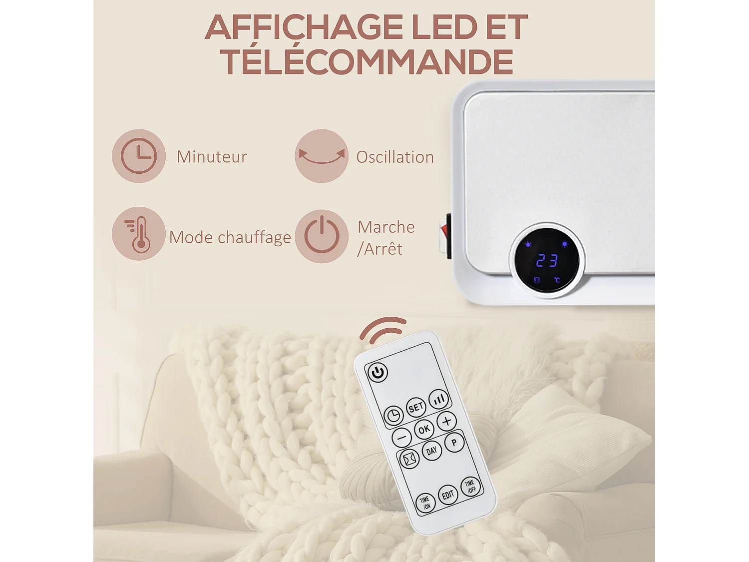 Radiateur mural soufflant oscillant 2000 W - chauffage céramique PTC - 3 niveaux de puissance - télécommande incluse blanc argenté