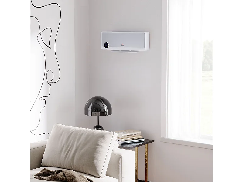 Radiateur mural soufflant oscillant 2000 W - chauffage céramique PTC - 3 niveaux de puissance - télécommande incluse blanc argenté