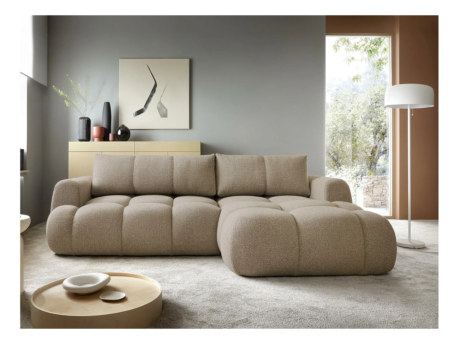 Canapé d'angle TrendyNest 109, Brun clair, Fonction de couchage, Boîte de literie, 270cm
