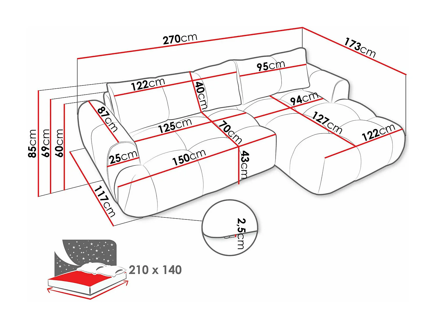 Canapé d'angle TrendyNest 109, Brun clair, Fonction de couchage, Boîte de literie, 270cm