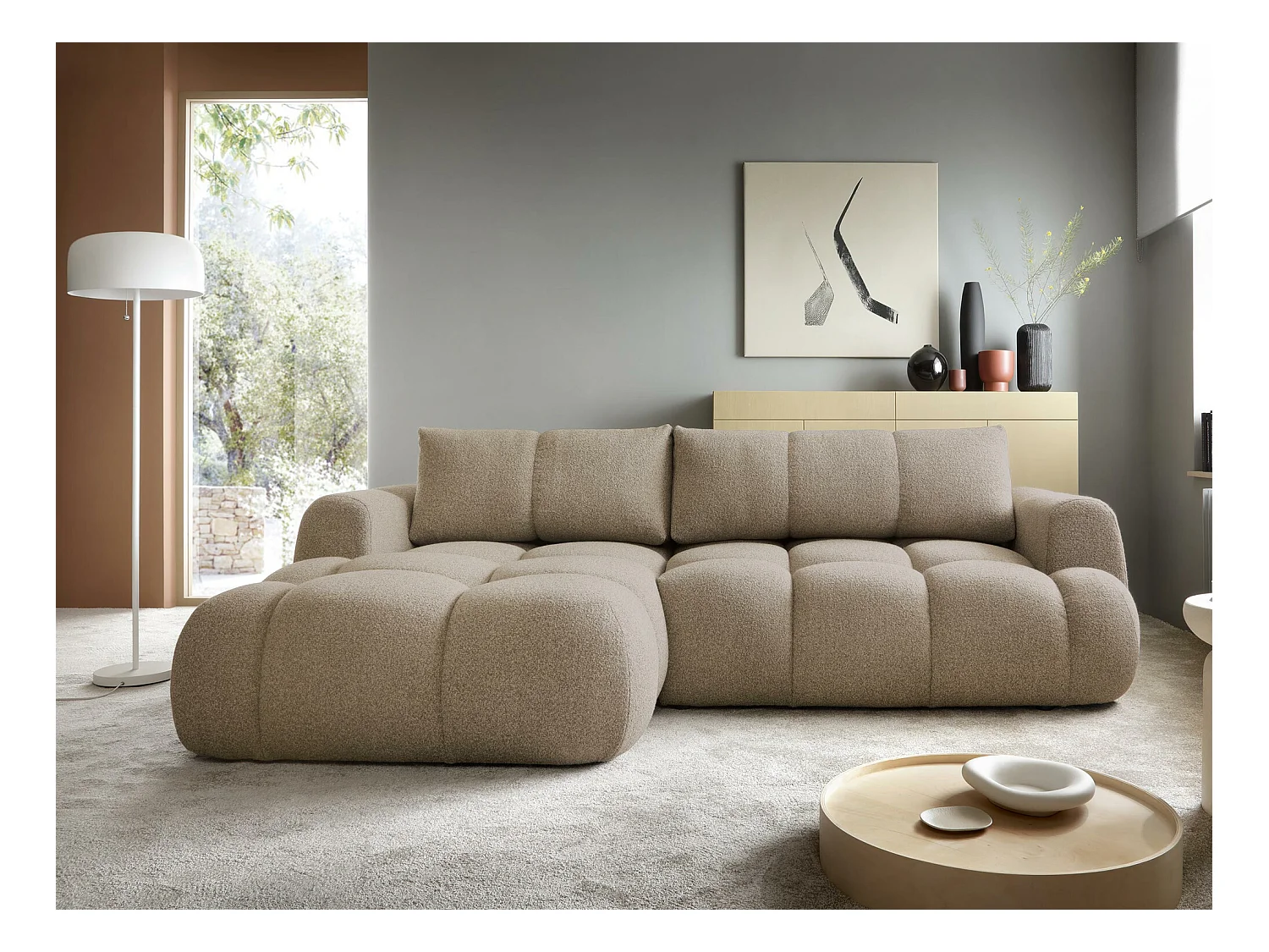 Canapé d'angle TrendyNest 109, Brun clair, Fonction de couchage, Boîte de literie, 270cm