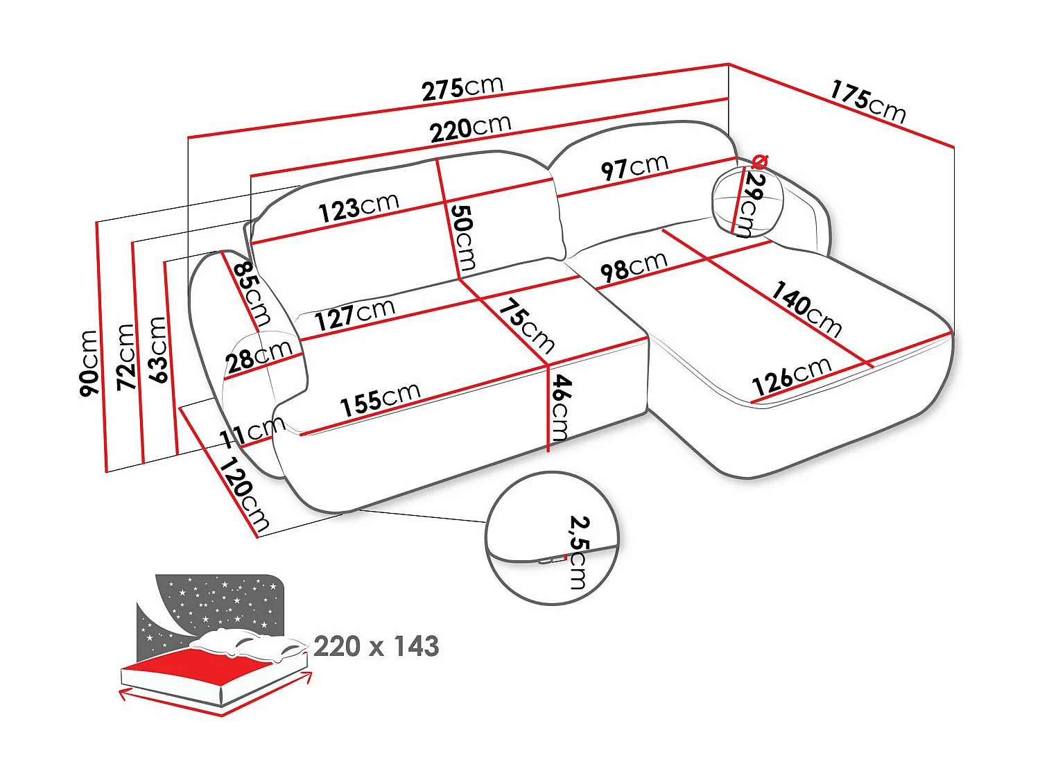 Sofá de canto TrendyNest 110, Cinzento, Funcionalidade de dormir