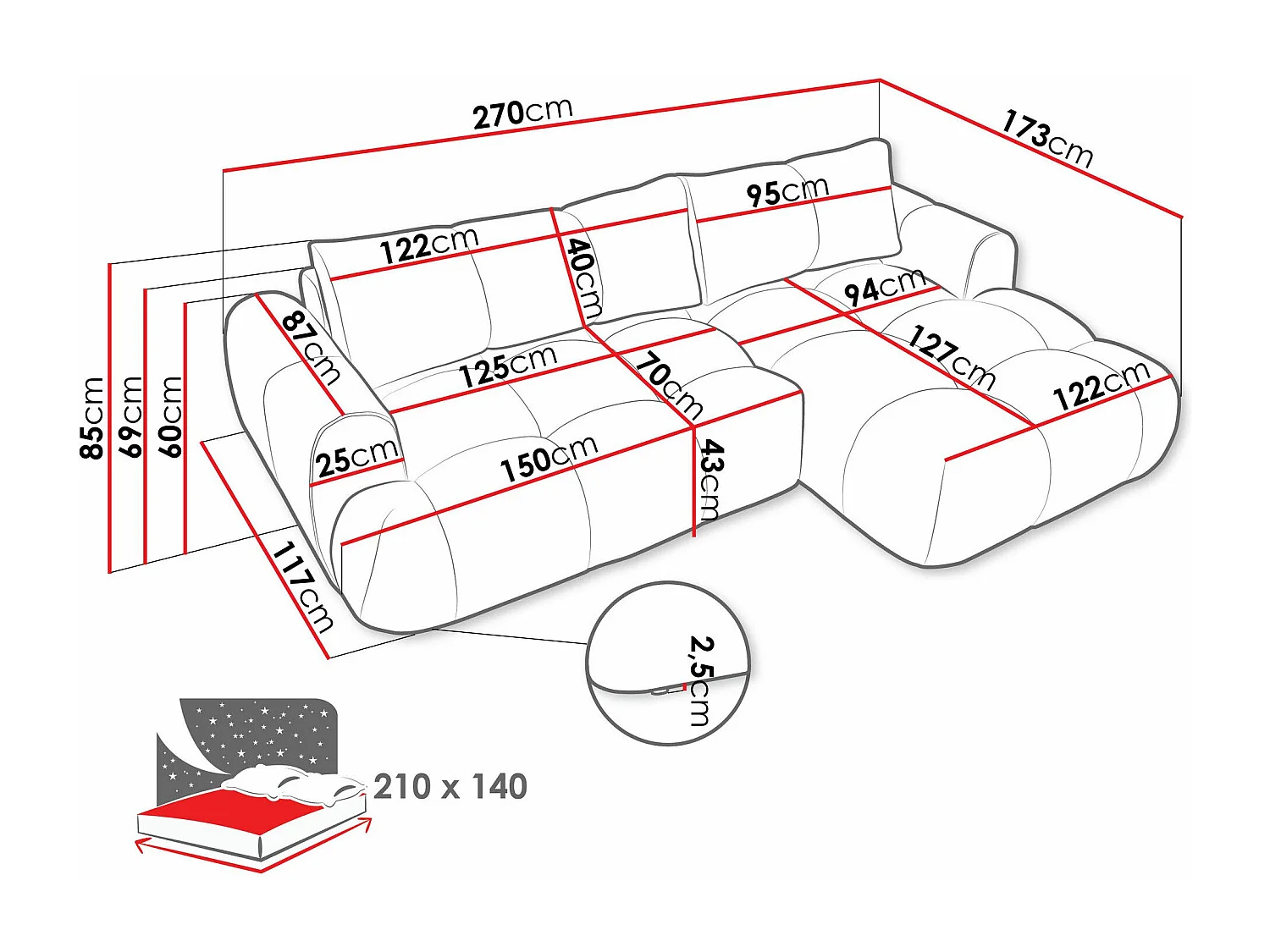 Canapé d'angle TrendyNest 109, Brun clair, Fonction de couchage, Boîte de literie, 270cm
