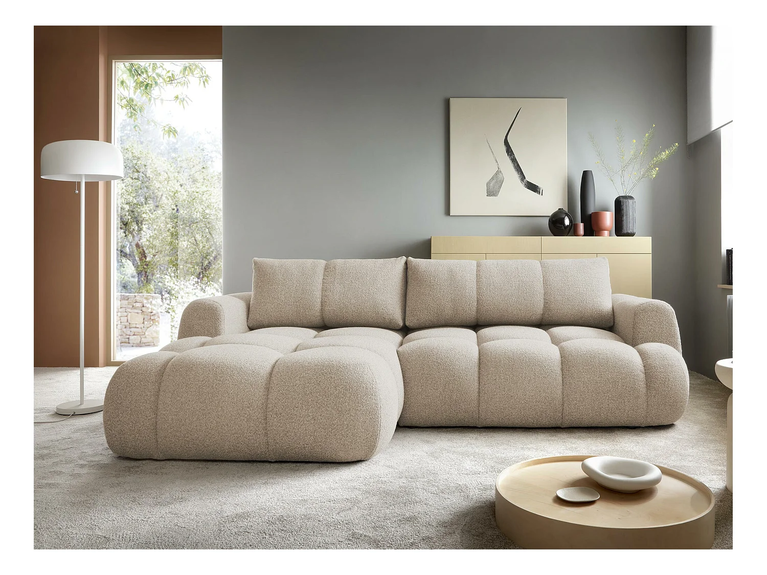 Canapé d'angle TrendyNest 109, Brun clair, Fonction de couchage, Boîte de literie, 270cm