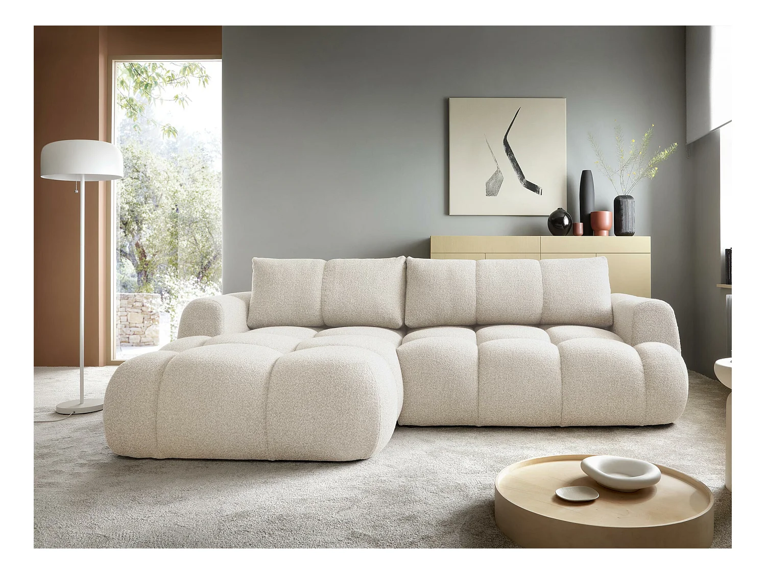 Canapé d'angle TrendyNest 109, Brun clair, Fonction de couchage, Boîte de literie, 270cm
