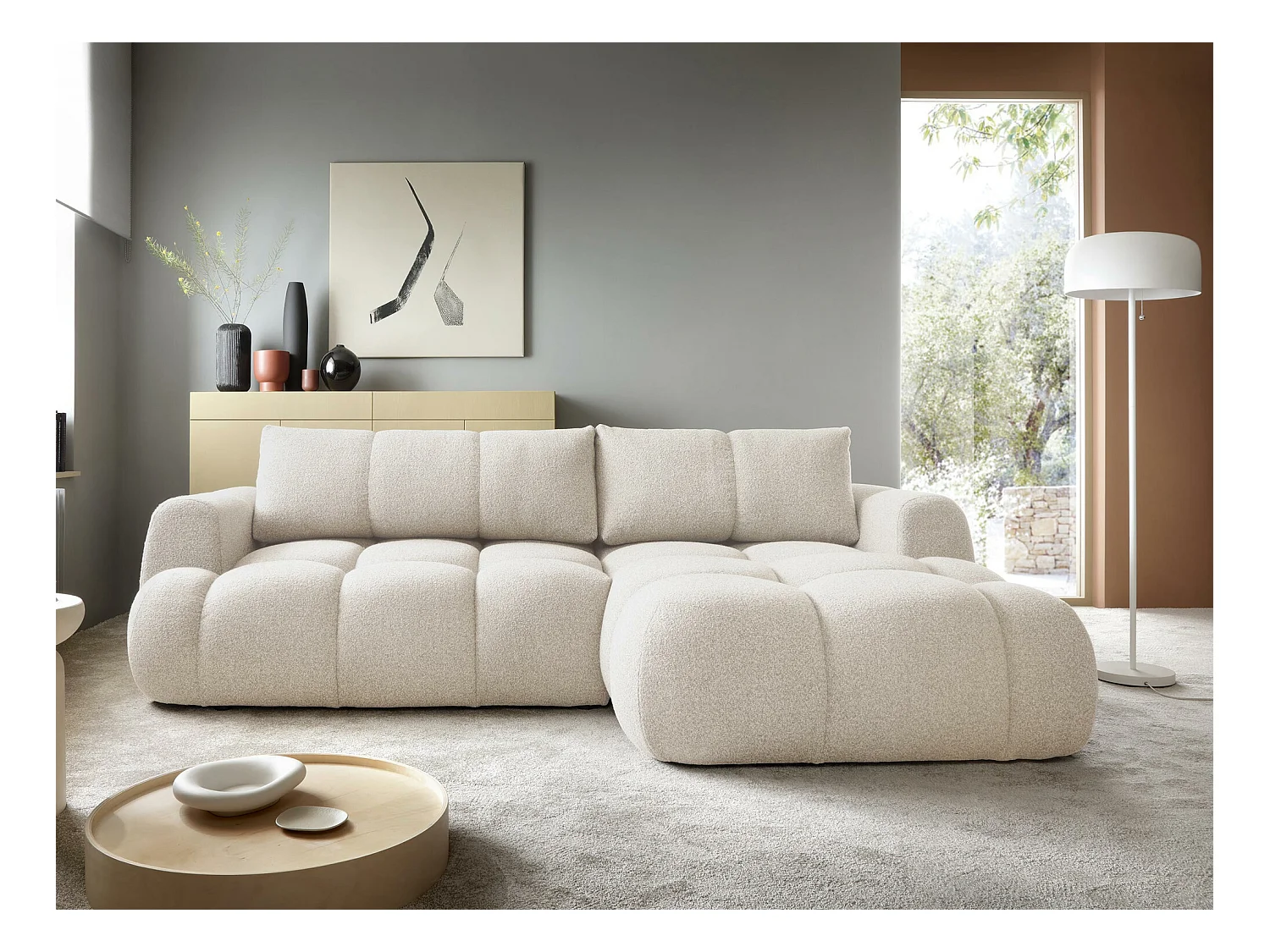 Canapé d'angle TrendyNest 109, Brun clair, Fonction de couchage, Boîte de literie, 270cm
