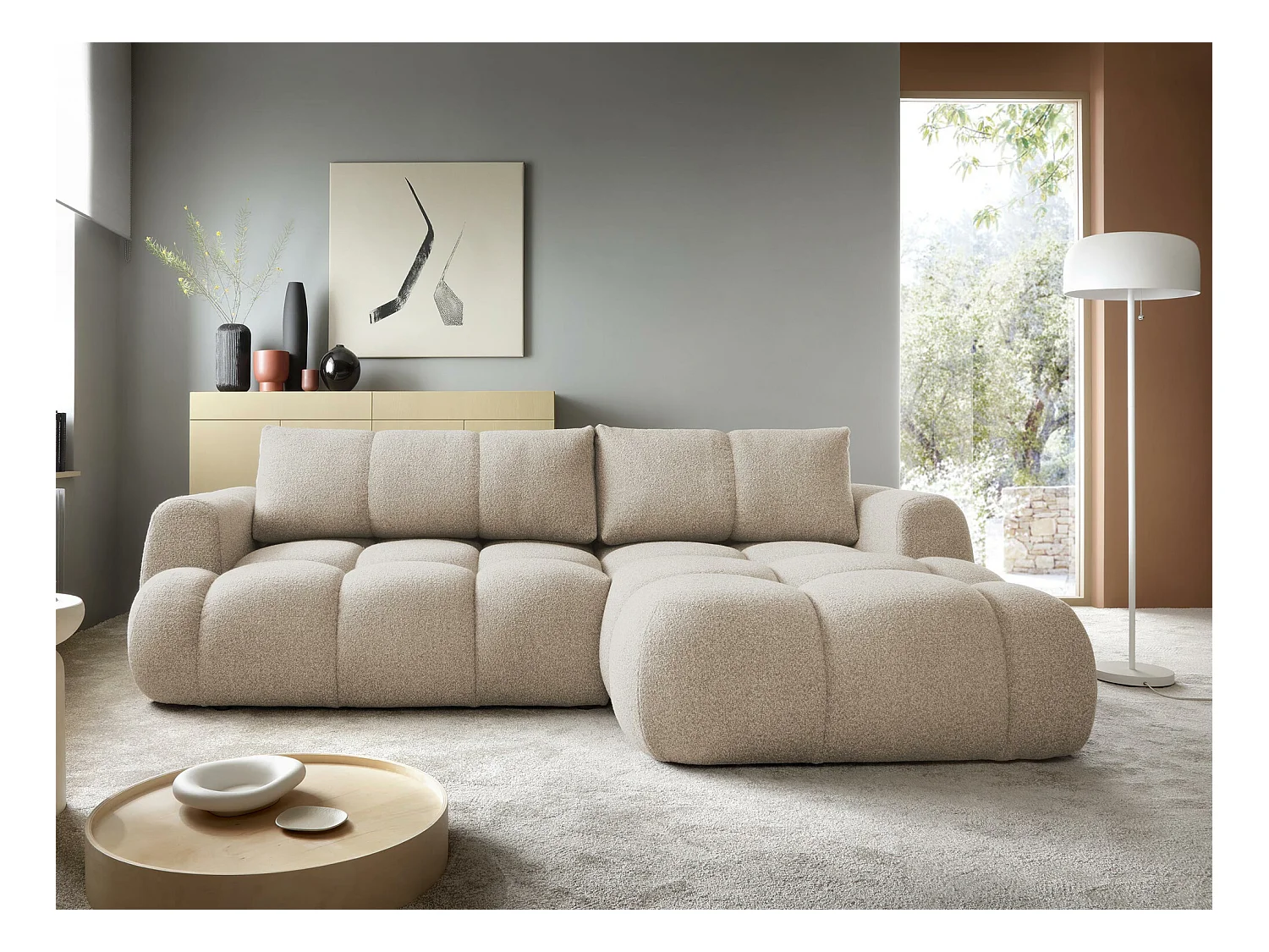 Canapé d'angle TrendyNest 109, Brun clair, Fonction de couchage, Boîte de literie, 270cm