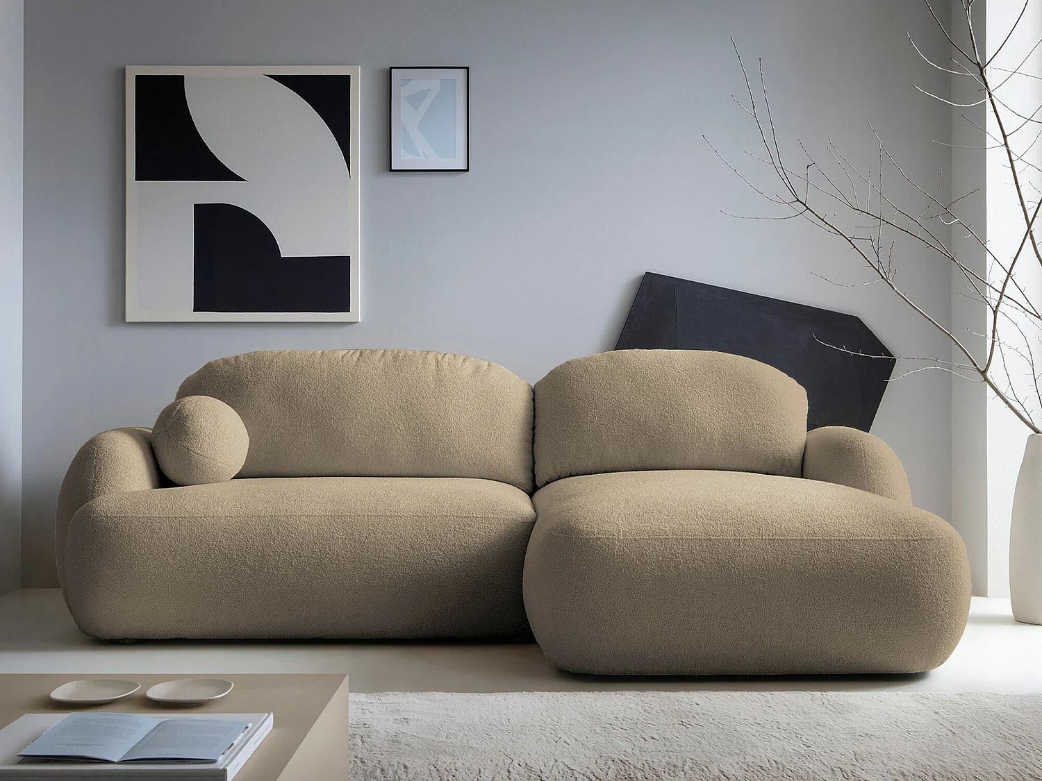 Canapé d'angle TrendyNest 110, Brun clair, Fonction de couchage, Boîte de literie, 275cm