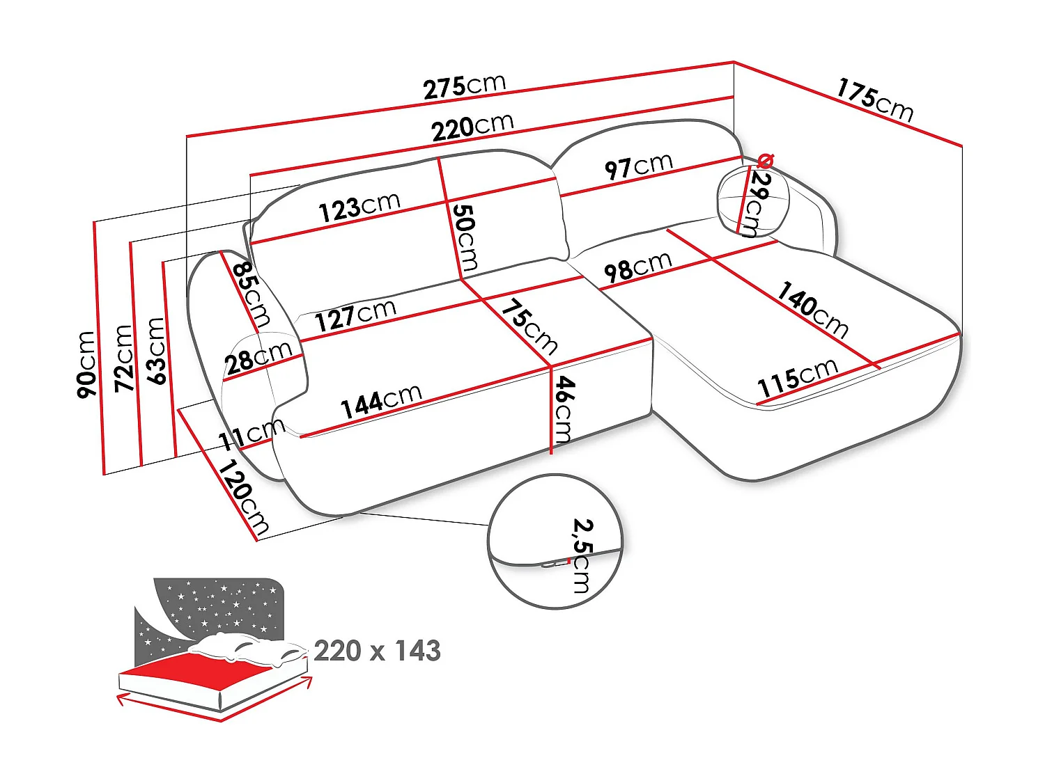 Canapé d'angle TrendyNest 110, Brun clair, Disponible, 275x175x90cm