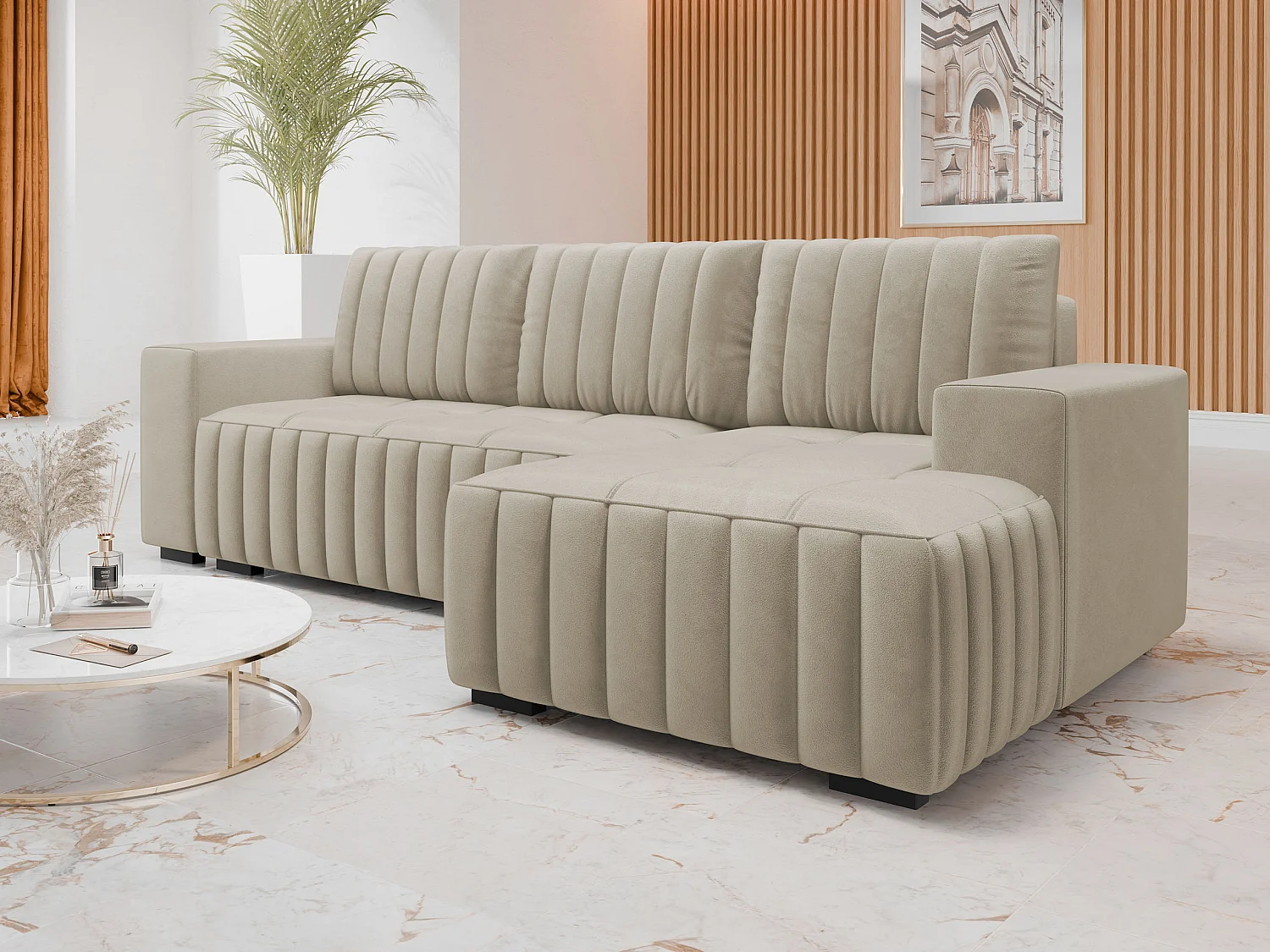 Canapé d'angle Columbus 154, Brun clair, Disponible, 240x140x85cm