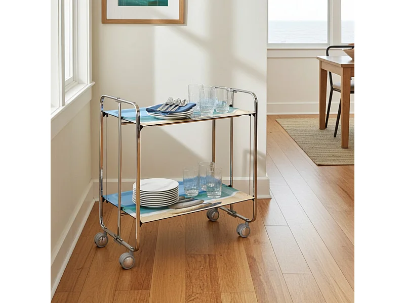 Klappbarer Servierwagen BAUHAUS mit Rollen – Metallgestell verchromt, 2 Ebenen, 4 Positionen