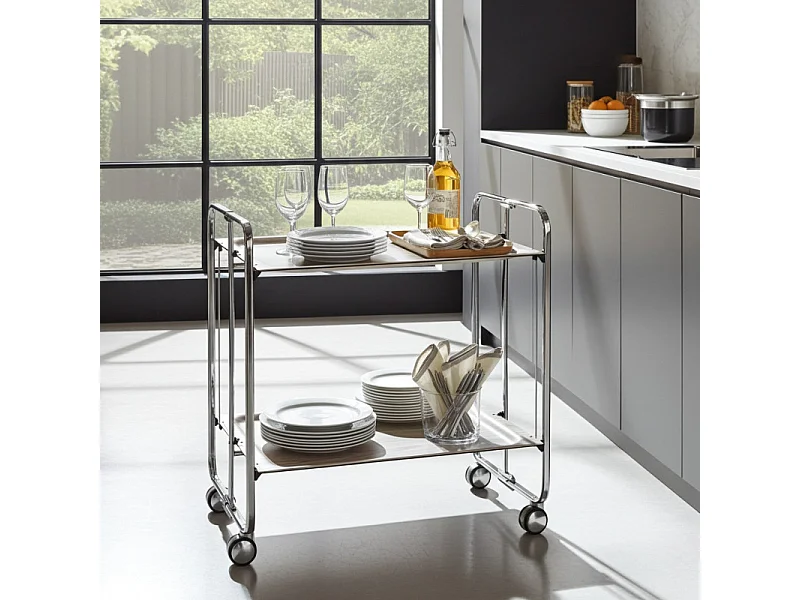 Klappbarer Servierwagen BAUHAUS mit Rollen – Metallgestell verchromt, 2 Ebenen, 4 Positionen
