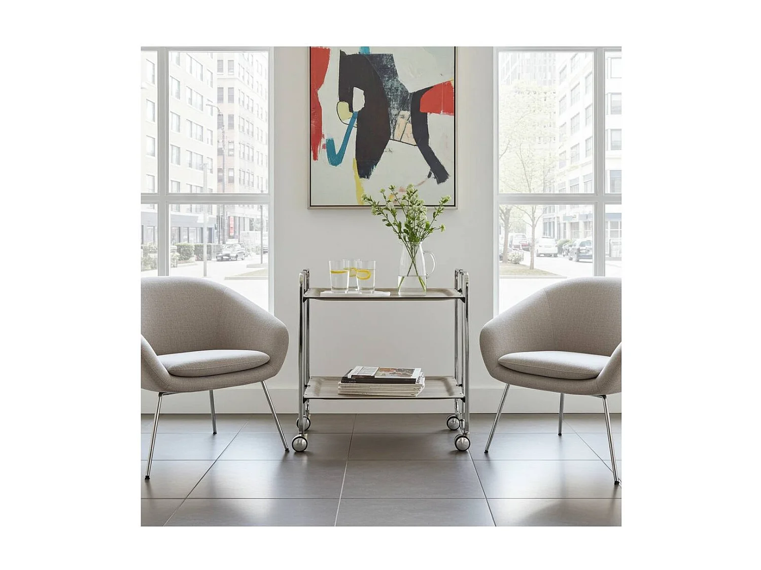 Klappbarer Servierwagen BAUHAUS mit Rollen – Metallgestell verchromt, 2 Ebenen, 4 Positionen