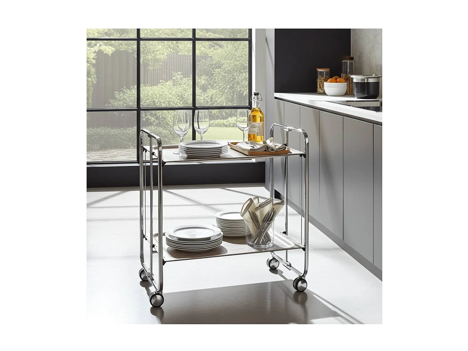 Klappbarer Servierwagen BAUHAUS mit Rollen – Metallgestell verchromt, 2 Ebenen, 4 Positionen
