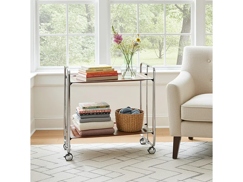 DON HIERRO - Carrito auxiliar plegable BAUHAUS cromado con ruedas – 2 niveles y 4 posiciones-Cedro