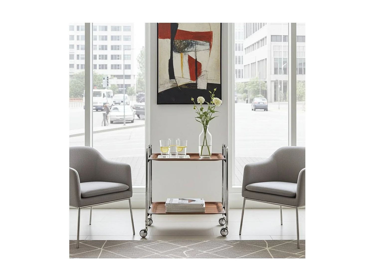 Klappbarer Servierwagen BAUHAUS mit Rollen – Metallgestell verchromt, 2 Ebenen, 4 Positionen