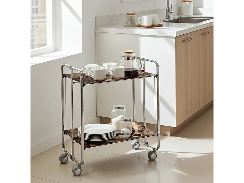 Klappbarer Servierwagen BAUHAUS mit Rollen – Metallgestell verchromt, 2 Ebenen, 4 Positionen