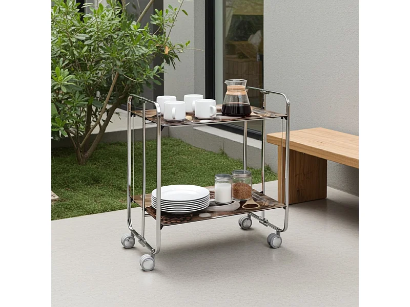 Klappbarer Servierwagen BAUHAUS mit Rollen – Metallgestell verchromt, 2 Ebenen, 4 Positionen