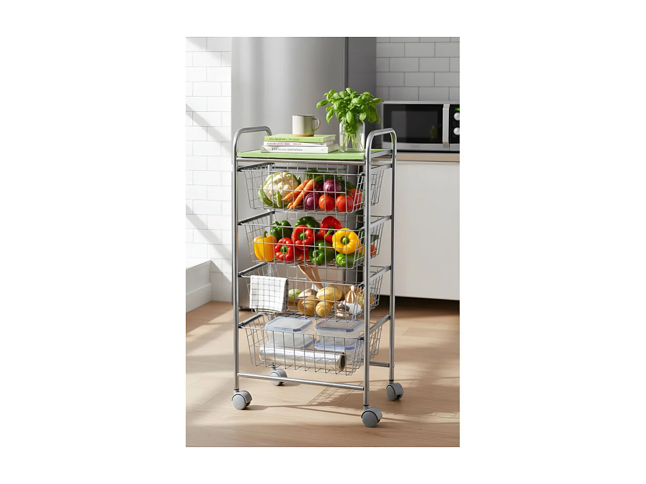 Desserte à légumes GREEN – 4 paniers métal gris aluminium et plateau vert pistache