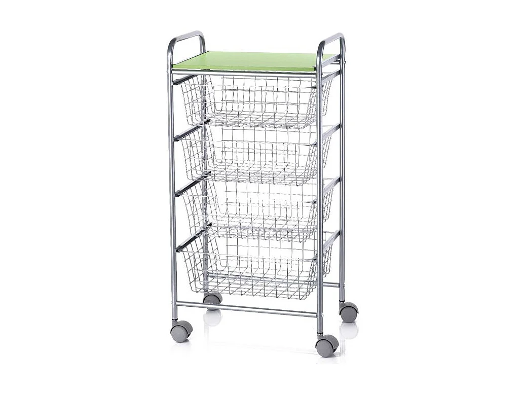 Desserte à légumes GREEN – 4 paniers métal gris aluminium et plateau vert pistache