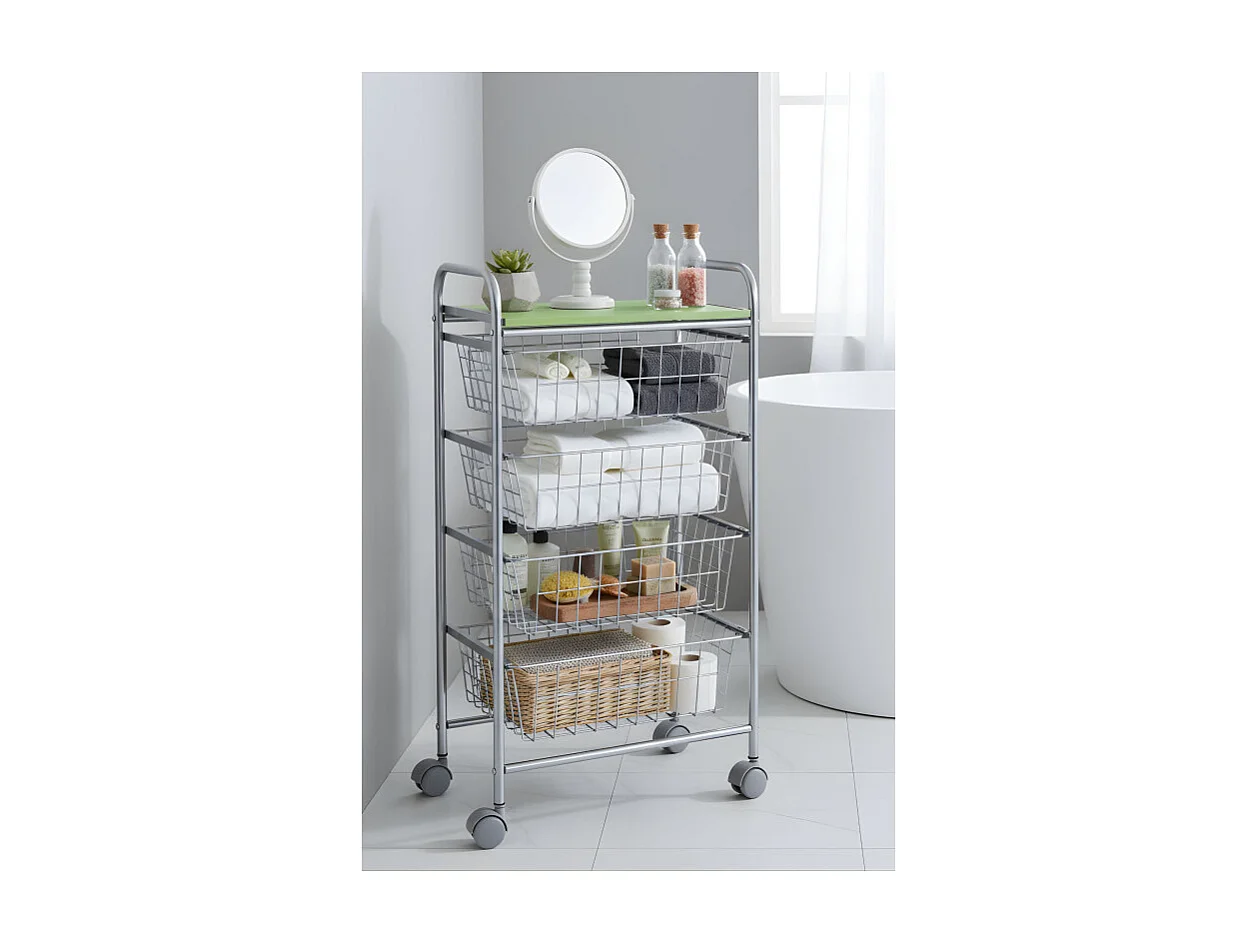Desserte à légumes GREEN – 4 paniers métal gris aluminium et plateau vert pistache