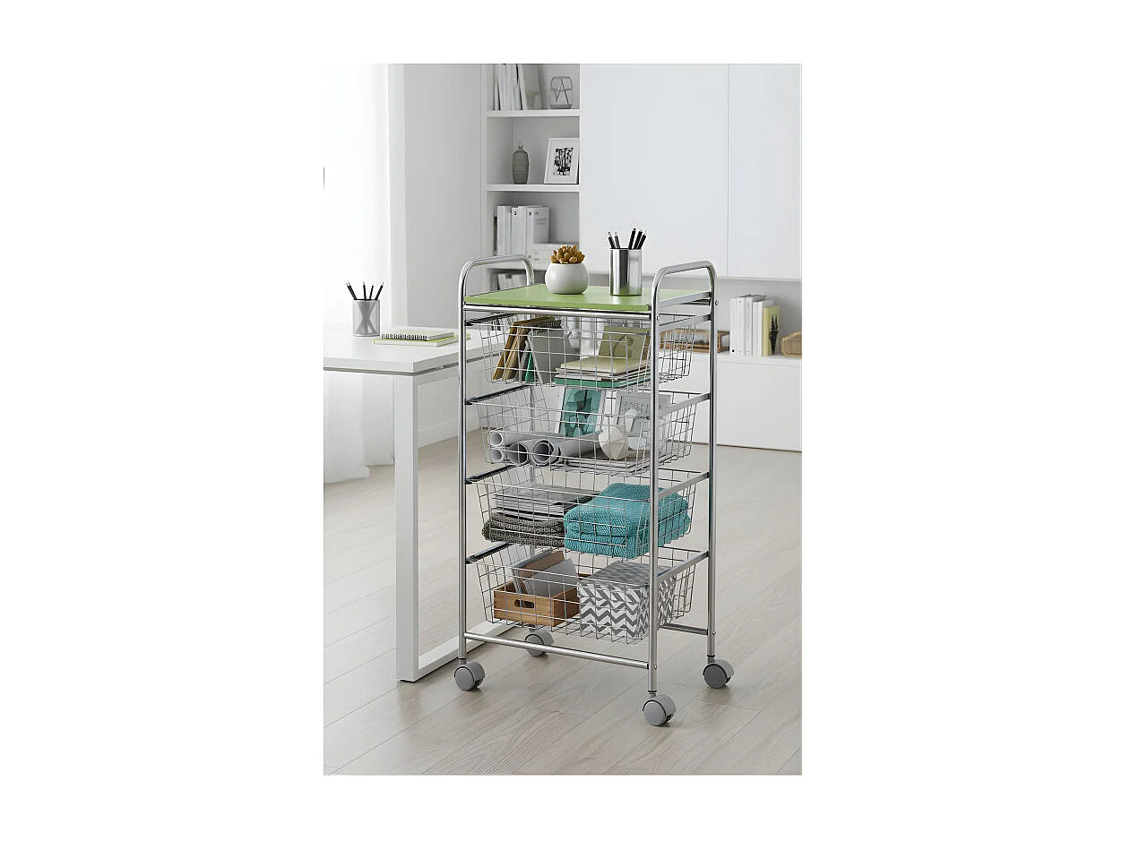 Desserte à légumes GREEN – 4 paniers métal gris aluminium et plateau vert pistache