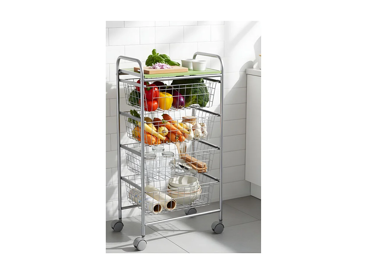 Desserte à légumes GREEN – 4 paniers métal gris aluminium et plateau vert pistache