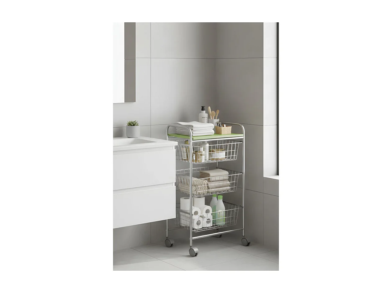 Desserte à légumes GREEN – 4 paniers métal gris aluminium et plateau vert pistache