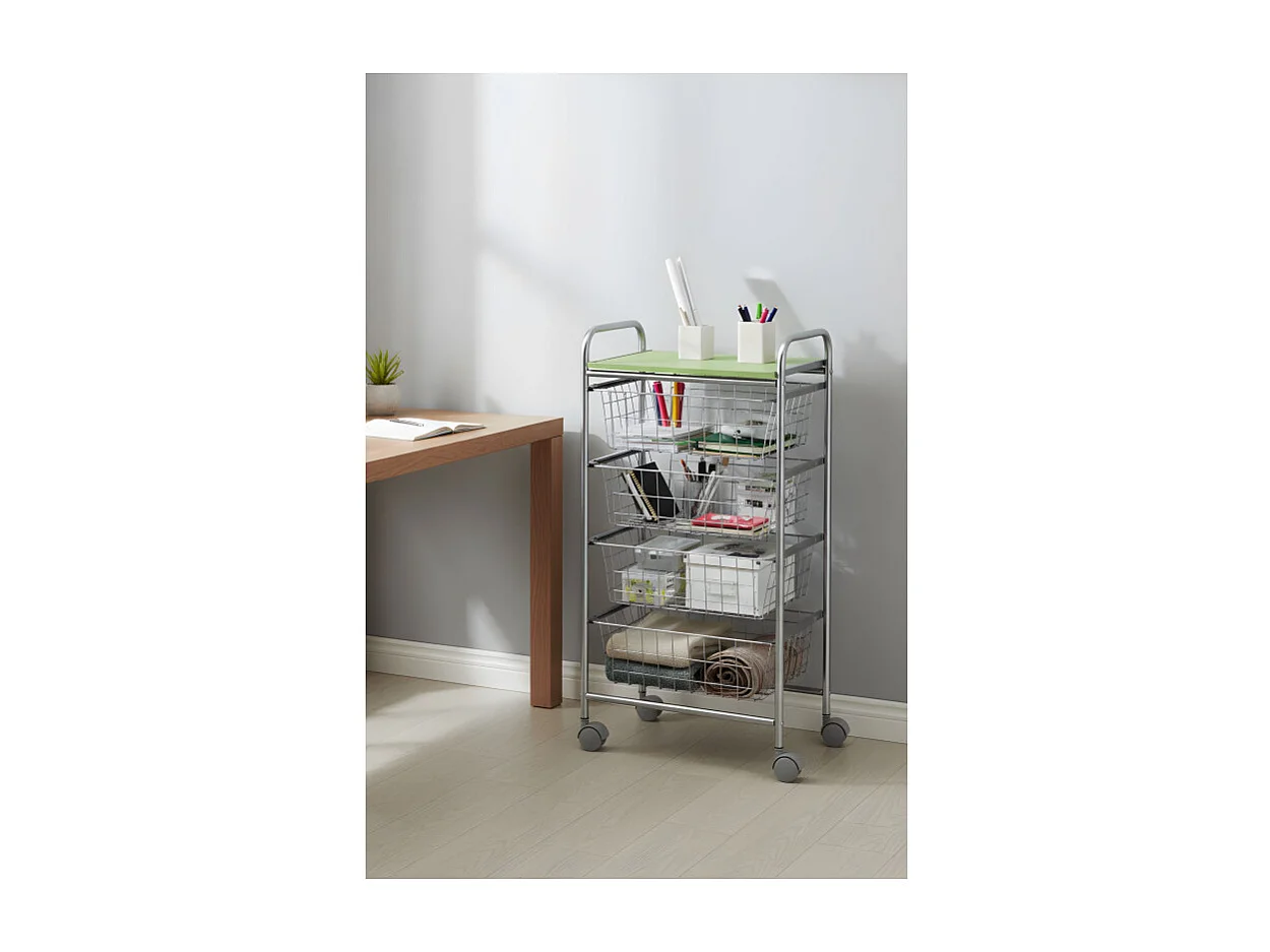 Desserte à légumes GREEN – 4 paniers métal gris aluminium et plateau vert pistache