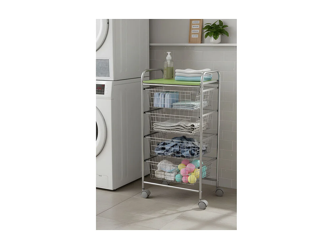 Desserte à légumes GREEN – 4 paniers métal gris aluminium et plateau vert pistache