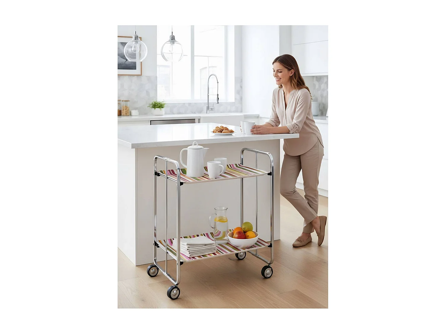 Desserte pliante BAUHAUS avec roulettes, Structure chromée, 2 niveaux, 4 positions