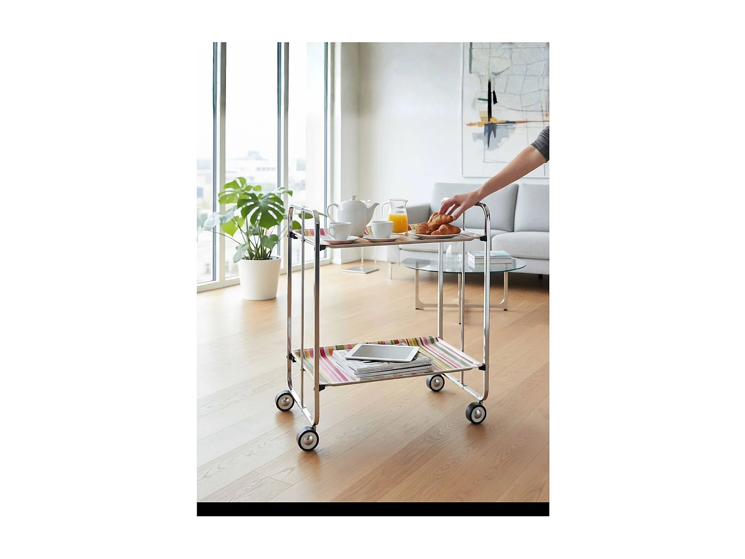 Desserte pliante BAUHAUS avec roulettes, Structure chromée, 2 niveaux, 4 positions