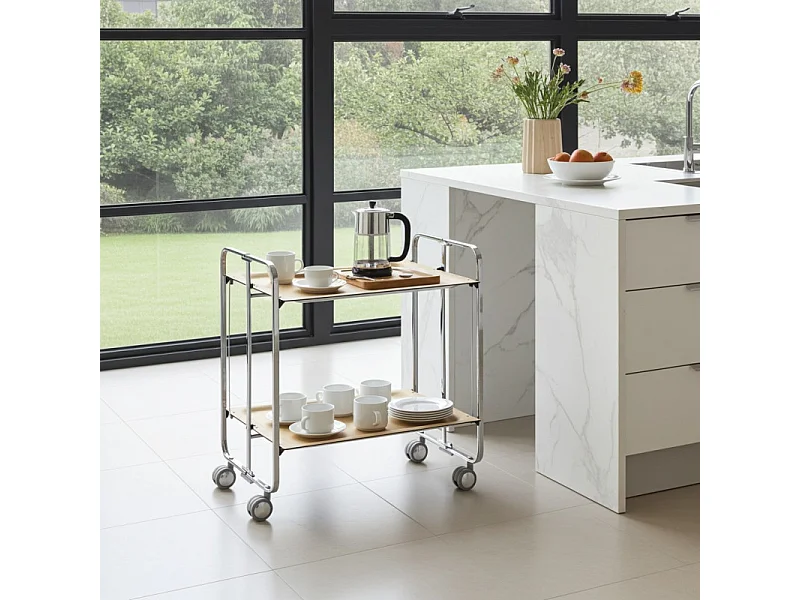 Klappbarer Servierwagen BAUHAUS mit Rollen – Metallgestell verchromt, 2 Ebenen, 4 Positionen