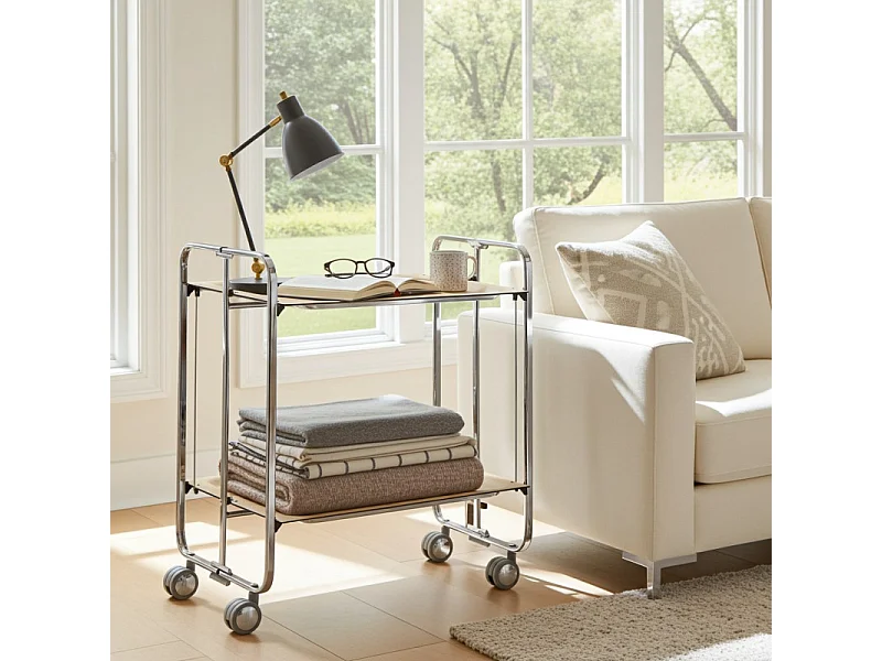 Klappbarer Servierwagen BAUHAUS mit Rollen – Metallgestell verchromt, 2 Ebenen, 4 Positionen