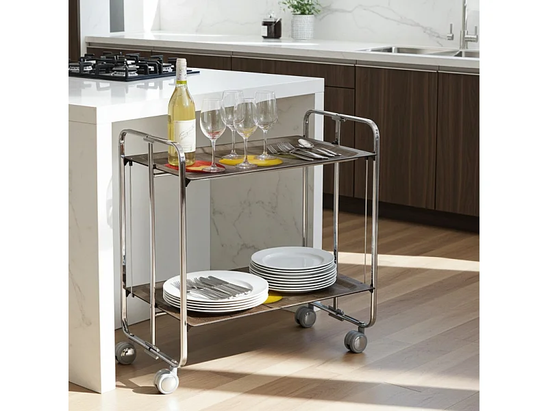 Klappbarer Servierwagen BAUHAUS mit Rollen – Metallgestell verchromt, 2 Ebenen, 4 Positionen