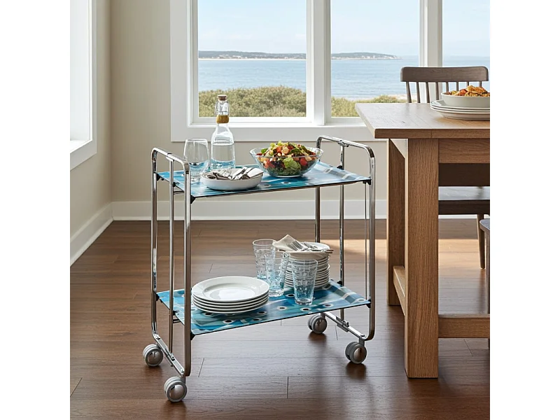 Klappbarer Servierwagen BAUHAUS mit Rollen – Metallgestell verchromt, 2 Ebenen, 4 Positionen