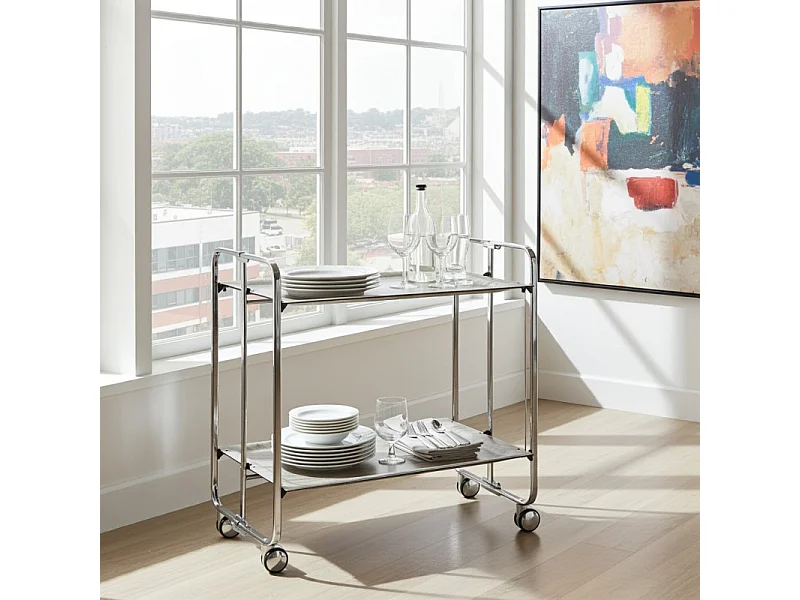 Klappbarer Servierwagen BAUHAUS mit Rollen – Metallgestell verchromt, 2 Ebenen, 4 Positionen