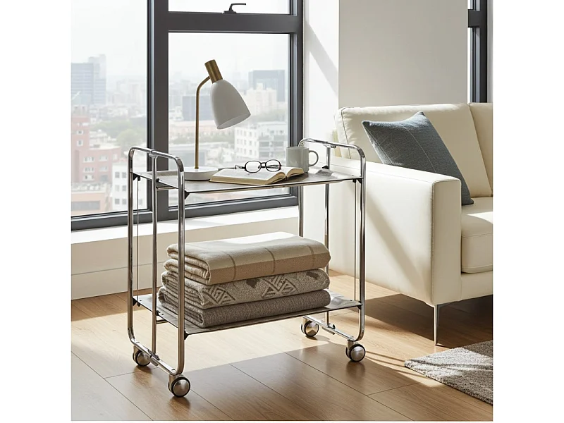 Klappbarer Servierwagen BAUHAUS mit Rollen – Metallgestell verchromt, 2 Ebenen, 4 Positionen