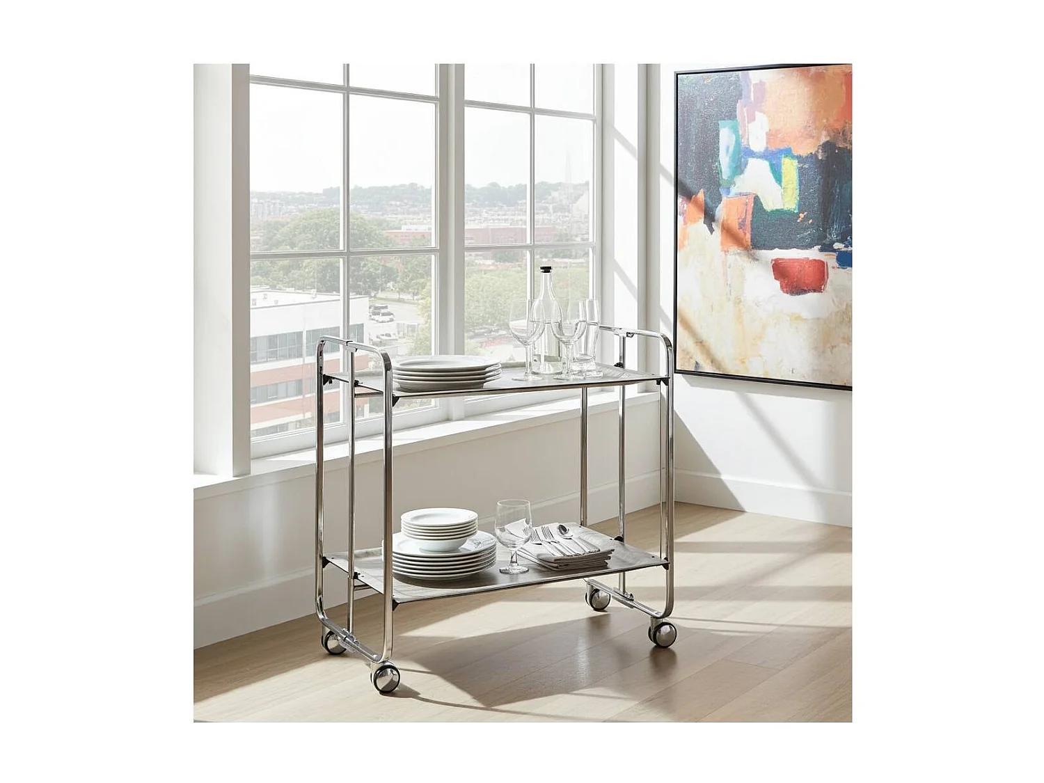 Desserte pliante BAUHAUS avec roulettes, Structure chromée, 2 niveaux, 4 positions