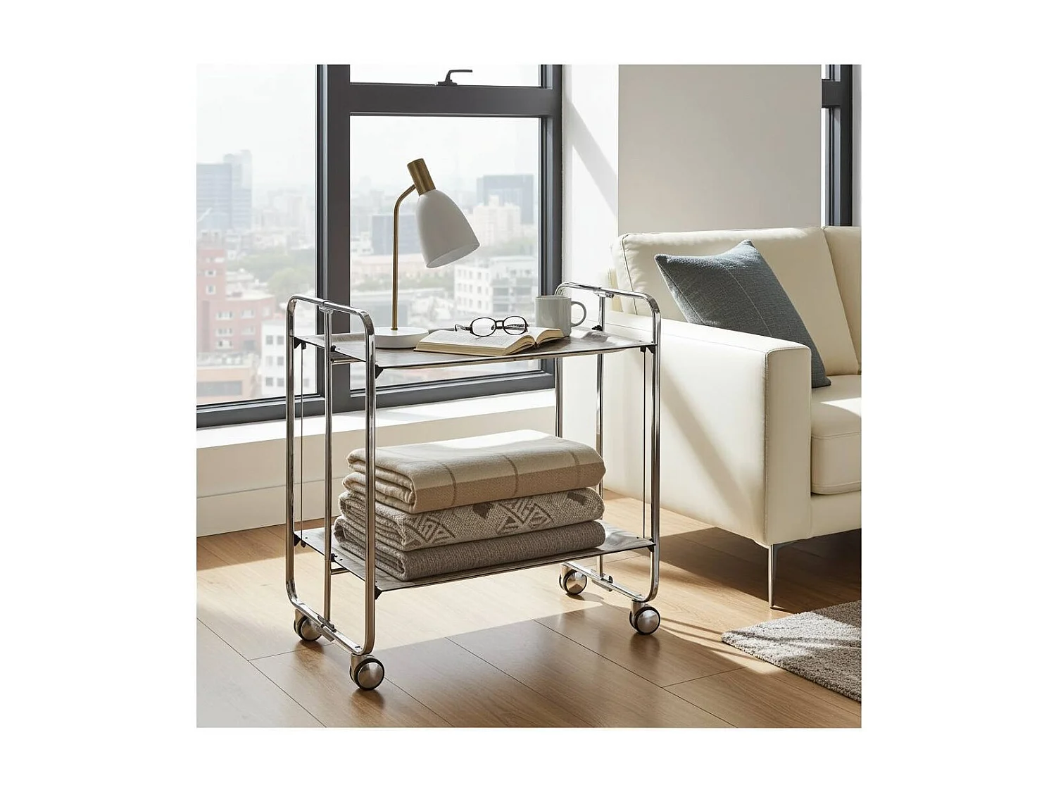 Desserte pliante BAUHAUS avec roulettes, Structure chromée, 2 niveaux, 4 positions