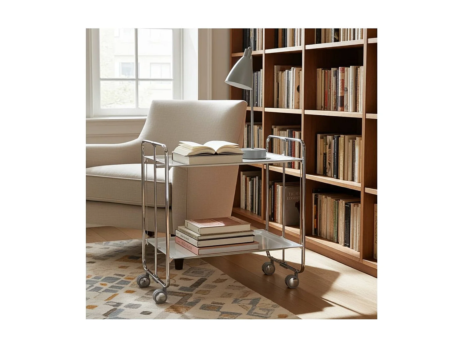 Klappbarer Servierwagen BAUHAUS mit Rollen – Metallgestell verchromt, 2 Ebenen, 4 Positionen