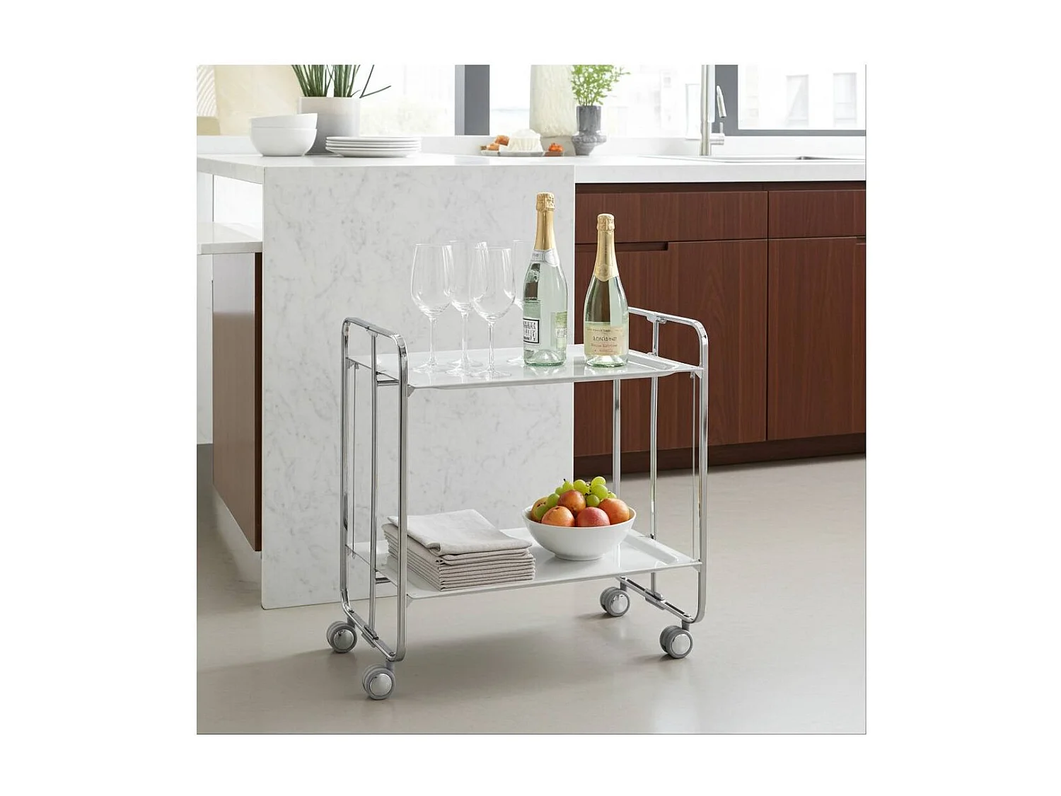 Klappbarer Servierwagen BAUHAUS mit Rollen – Metallgestell verchromt, 2 Ebenen, 4 Positionen