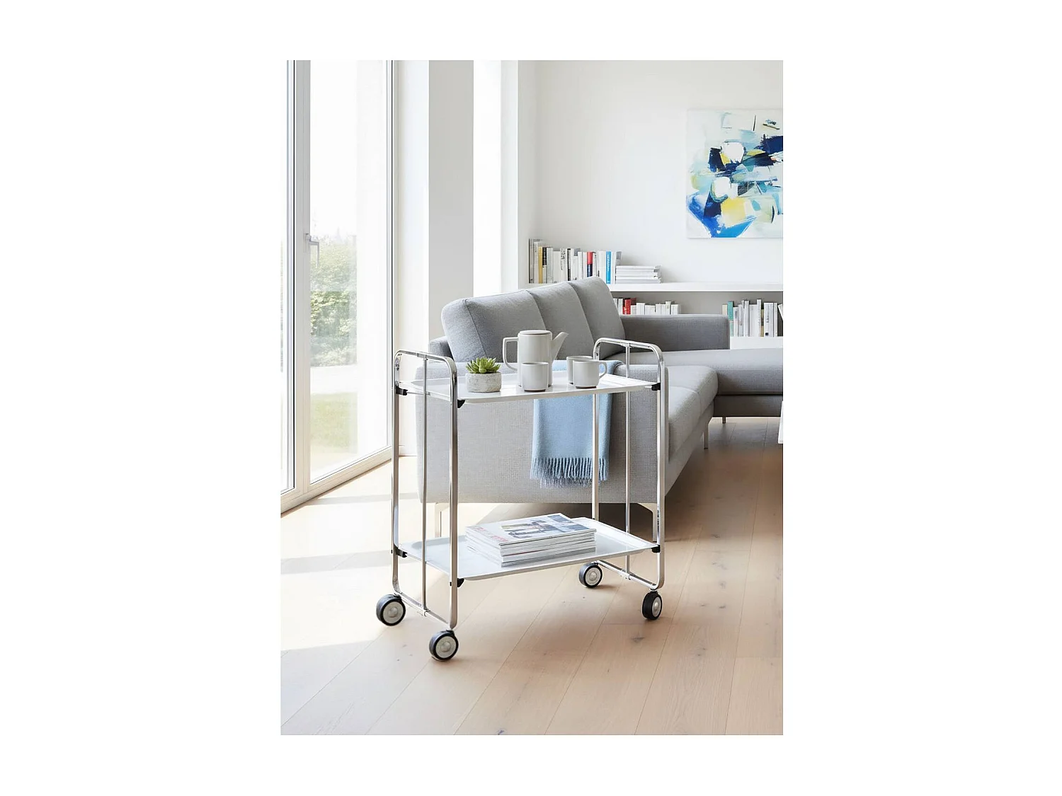 Desserte pliante BAUHAUS avec roulettes, Structure chromée, 2 niveaux, 4 positions