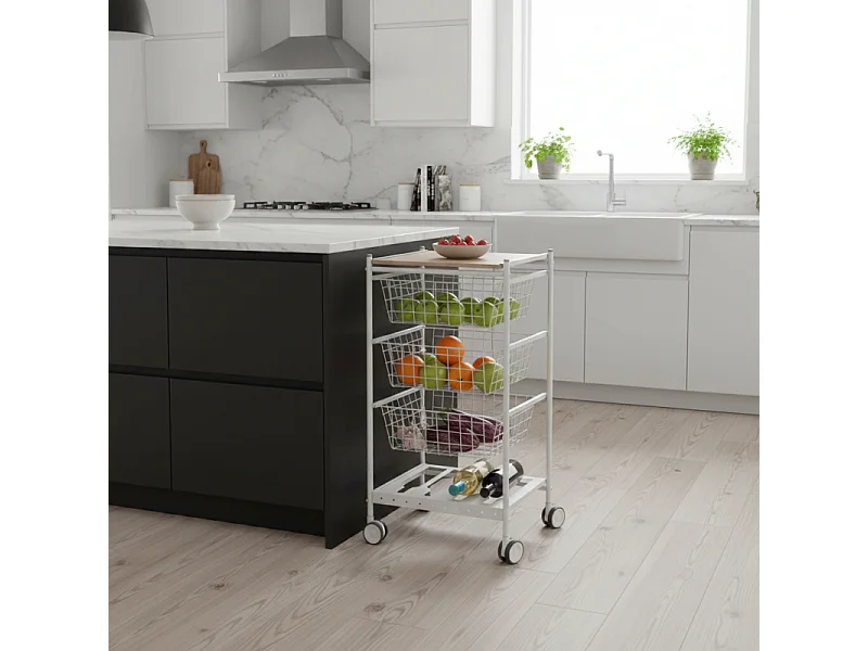 Küchenwagen KARINA , 3 große Auszugskörbe und Flaschenregal, Buche-Weiß