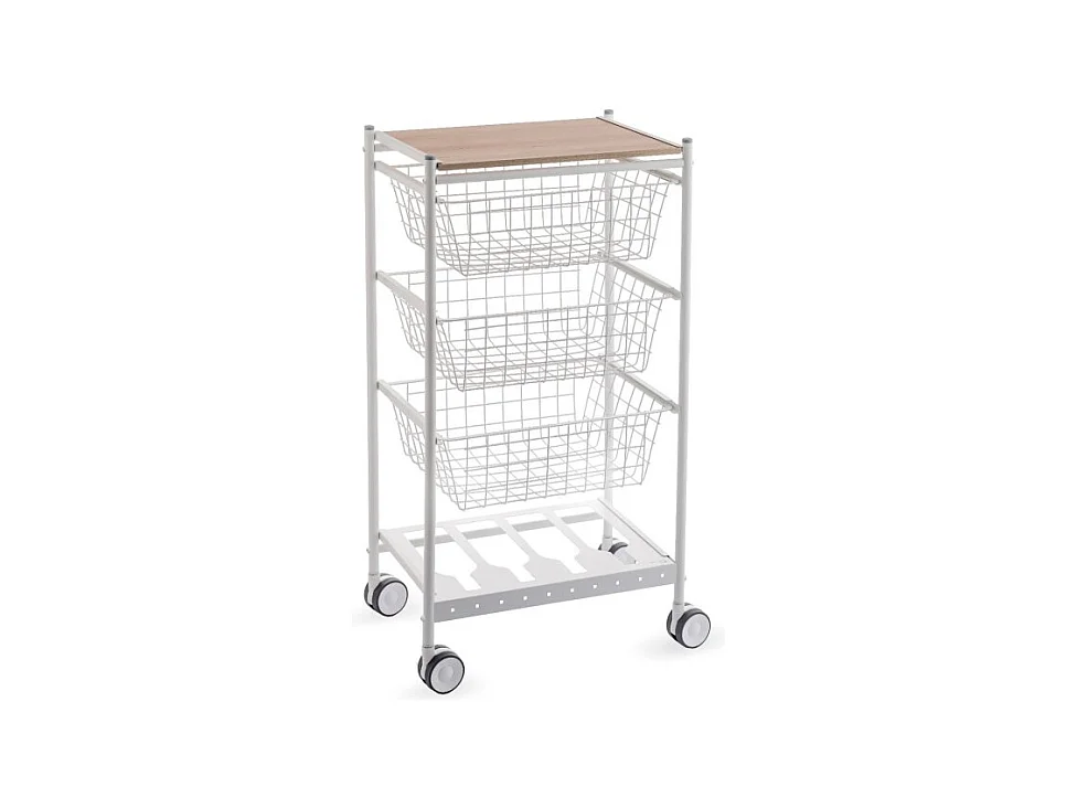 Desserte de cuisine KARINA, 3 grands paniers coulissants et porte-bouteilles, Blanc-Hêtre
