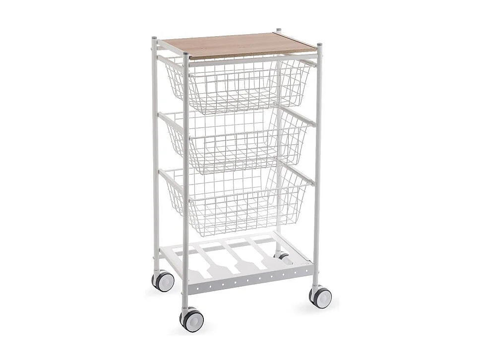 Desserte de cuisine KARINA - 3 grands paniers coulissants et porte-bouteilles, métal blanc et plateau décor bois hêtre