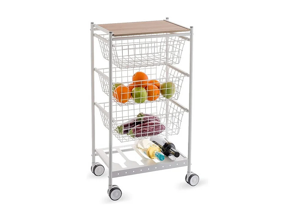 Desserte de cuisine KARINA - 3 grands paniers coulissants et porte-bouteilles, métal blanc et plateau décor bois hêtre