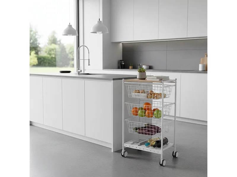 Desserte de cuisine KARINA - 3 grands paniers coulissants et porte-bouteilles, métal blanc et plateau décor bois hêtre