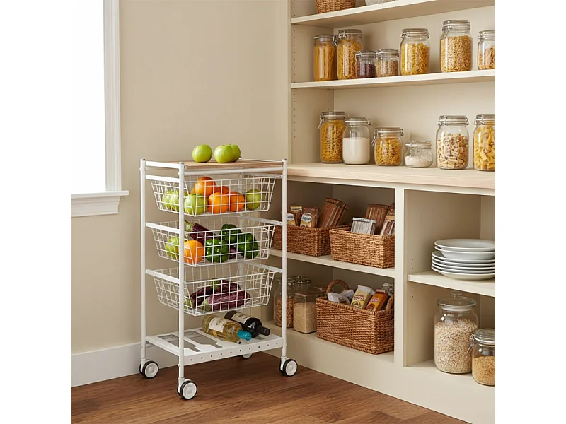 Desserte de cuisine KARINA - 3 grands paniers coulissants et porte-bouteilles, métal blanc et plateau décor bois hêtre