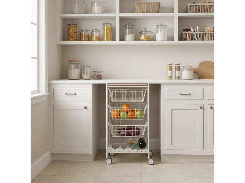 Desserte de cuisine KARINA - 3 grands paniers coulissants et porte-bouteilles, métal blanc et plateau décor bois hêtre